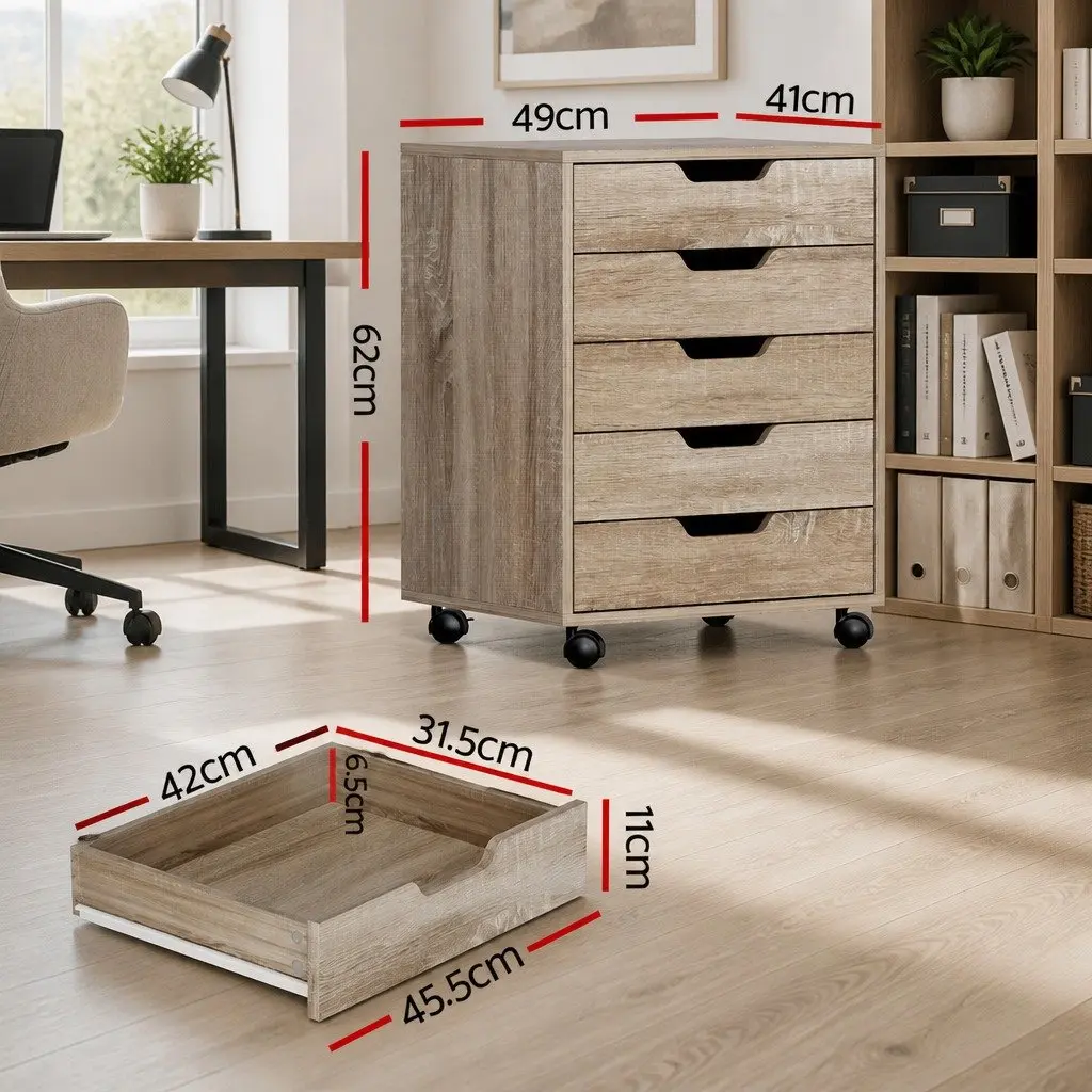 5-Drawer Filing Cabinet Mobile Rolling Storage Chest Walnut Color Smooth Drawer Slides