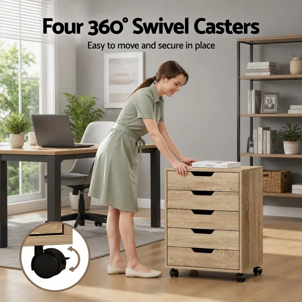 5-Drawer Filing Cabinet Mobile Rolling Storage Chest Walnut Color Smooth Drawer Slides
