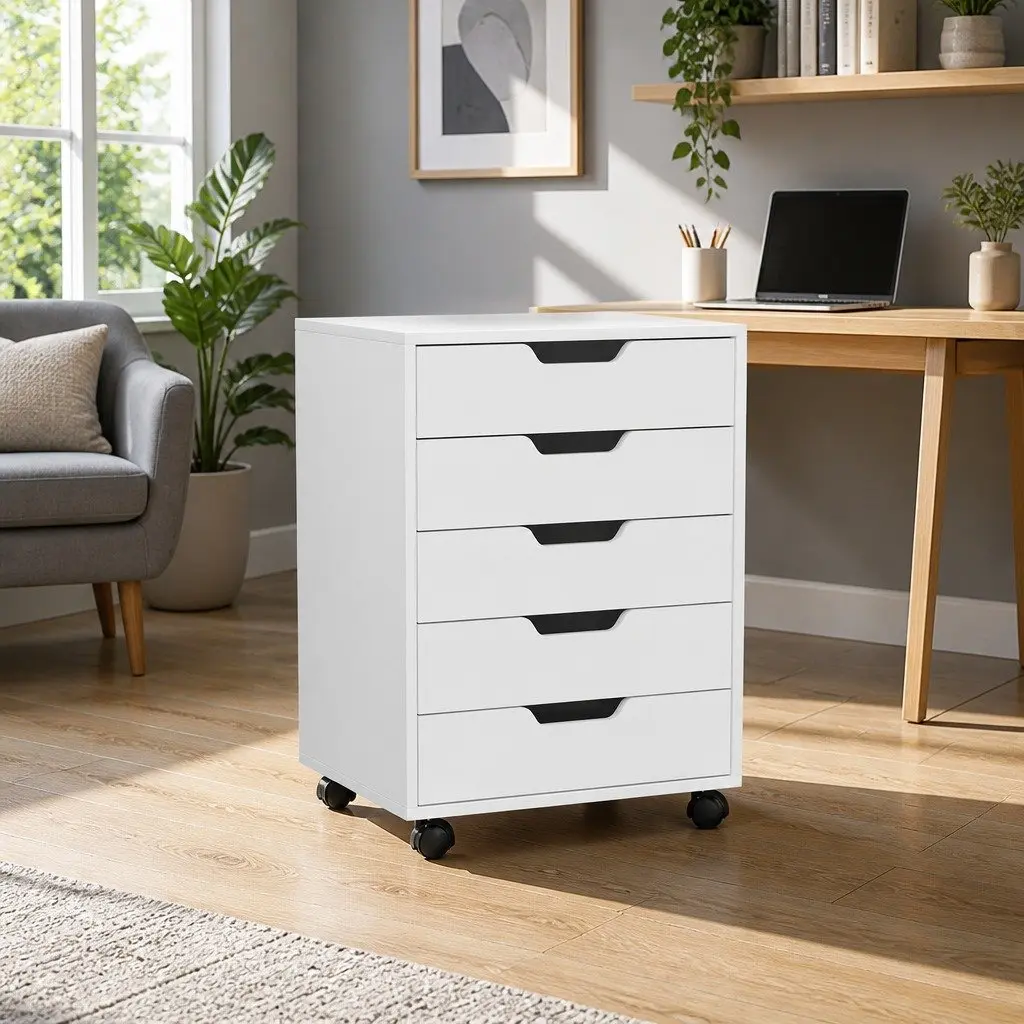 5-Drawer Mobile Filing Cabinet White Rolling Storage Organizer with Locking Casters