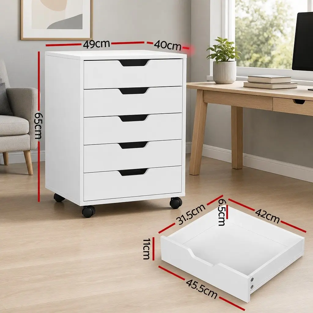 5-Drawer Mobile Filing Cabinet White Rolling Storage Organizer with Locking Casters