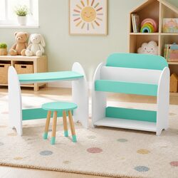 Kids Bookshelf 2-in-1 Table Chair Set Storage Organiser Children Reading Desk