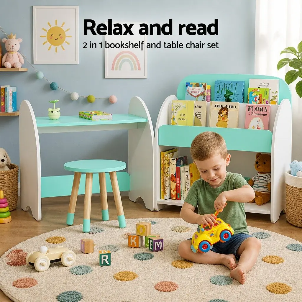 Kids Bookshelf 2-in-1 Table Chair Set Storage Organiser Children Reading Desk