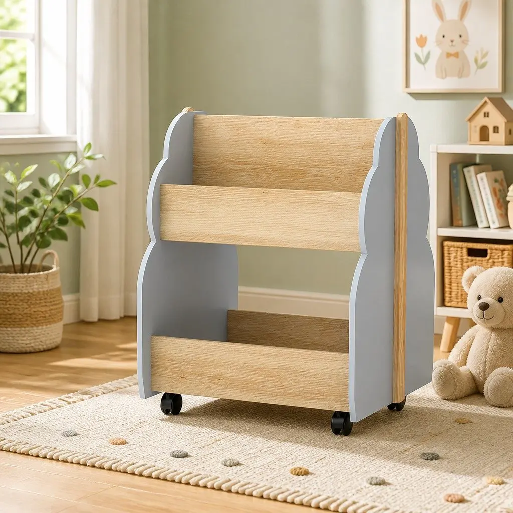 Kids Bookshelf Grey Double-Sided Storage Unit with Wheels