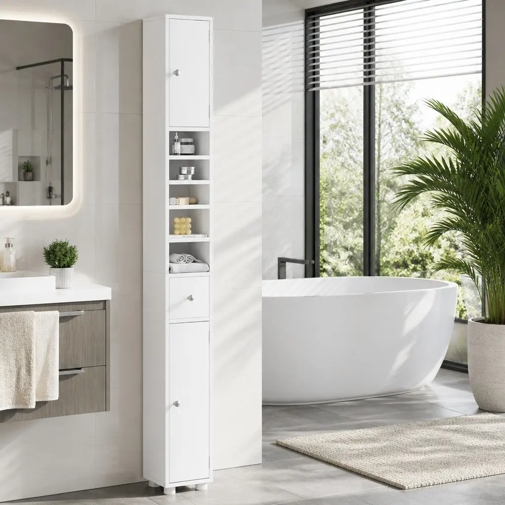Bathroom Storage Cabinet 180cm Tall Slim Floor Cupboard Two Cabinets Five Compartments One Drawer White