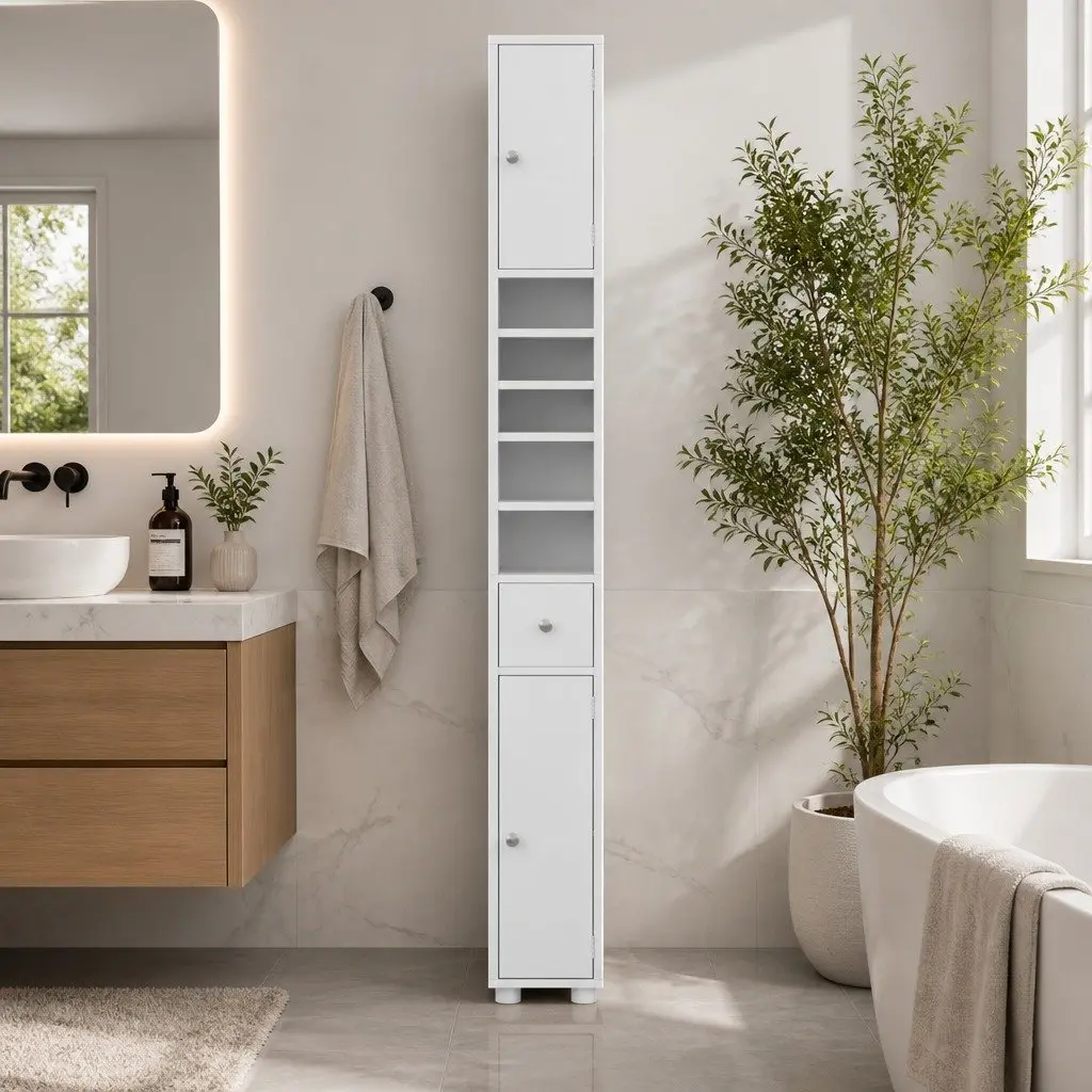 Bathroom Storage Cabinet 180cm Tall Slim Floor Cupboard Two Cabinets Five Compartments One Drawer White