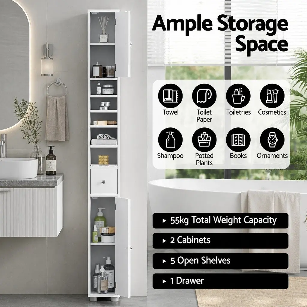 Bathroom Storage Cabinet 180cm Tall Slim Floor Cupboard Two Cabinets Five Compartments One Drawer White
