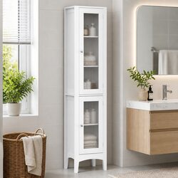 Bathroom Storage Cabinet 160cm Tall Slim Floor Cupboard Toilet Glass Door White