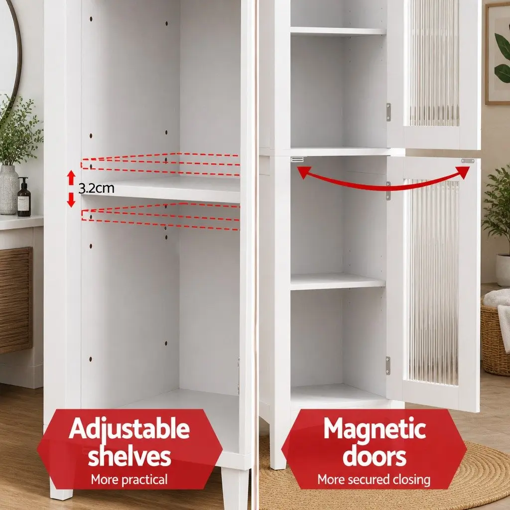Bathroom Storage Cabinet 160cm Tall Slim Floor Cupboard with Tempered Glass Doors White