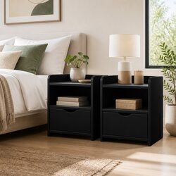Black Nightstand with Drawer and Storage Shelves
