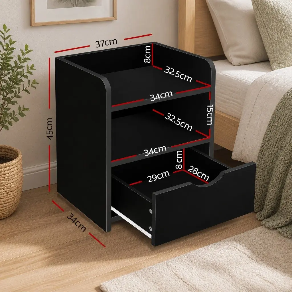 Bedside Table 1 Drawer Black Compact Storage Nightstand with Shelves