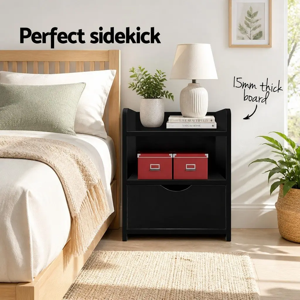 Bedside Table 1 Drawer Black Compact Storage Nightstand with Shelves