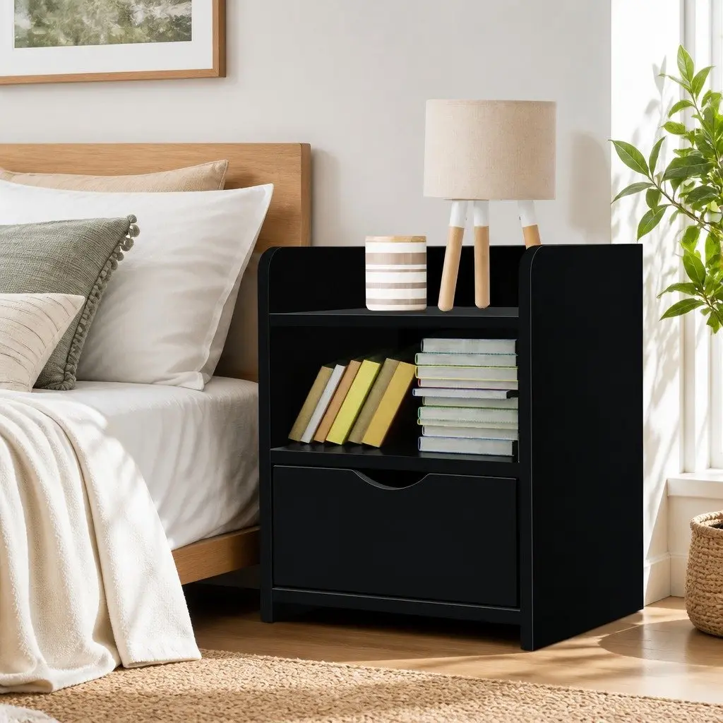 Bedside Table Black 1 Drawer with Open Shelf Storage Unit