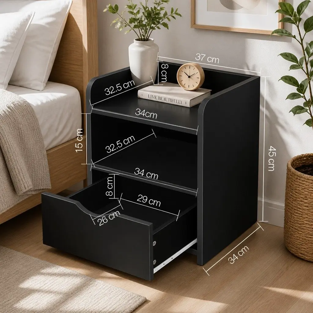 Bedside Table Black 1 Drawer with Open Shelf Storage Unit