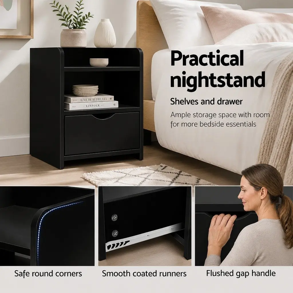 Bedside Table Black 1 Drawer with Open Shelf Storage Unit