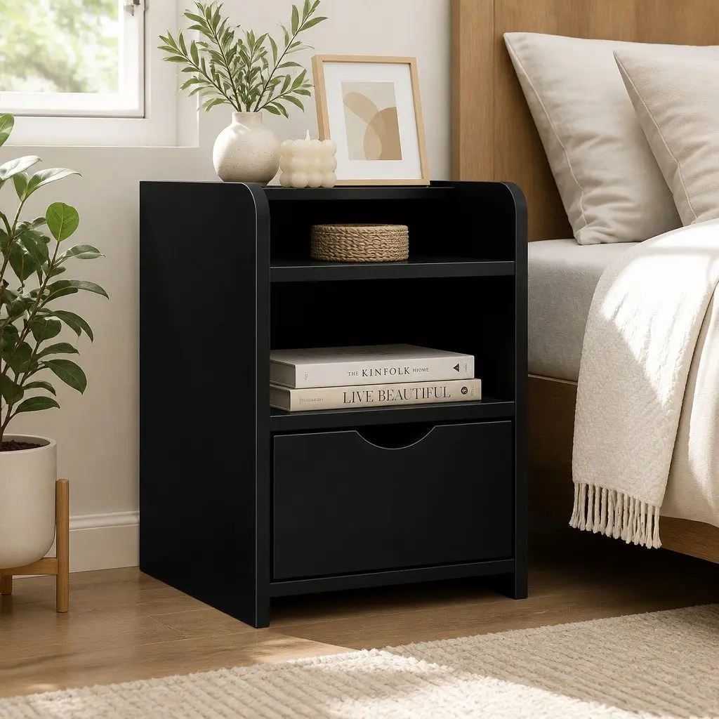 Bedside Table Black 1 Drawer with Open Shelf Storage Unit