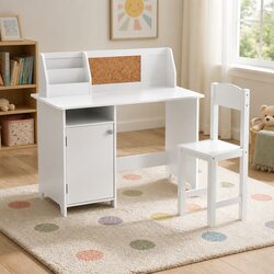 Kids Table and Chair Set Children Study Desk Storage Cabinet White Furniture