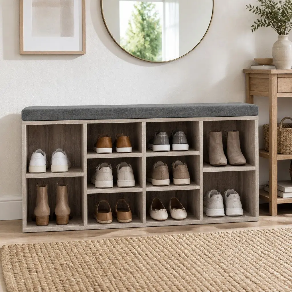 Shoe Rack Cabinet Bench 10 Compartments Detachable Cushioned Seat