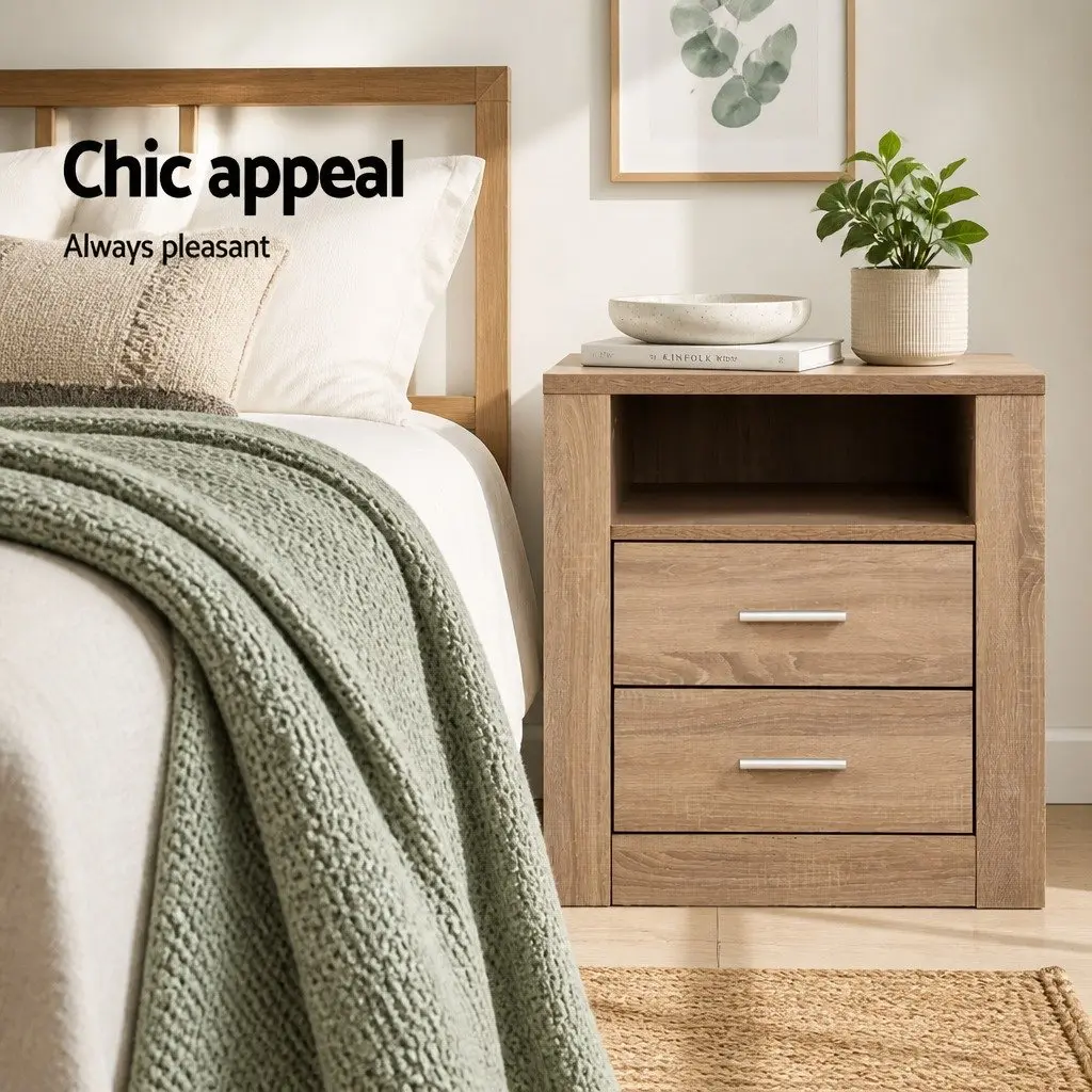 Bedside Table 2 Drawers Oak Nightstand with Shelf Storage for Bedroom Furniture