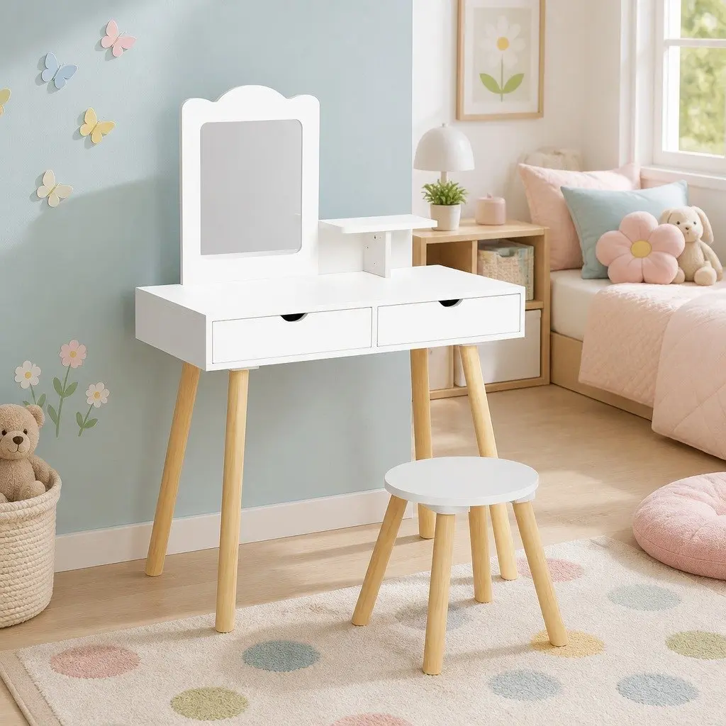 Kids Dressing Table Vanity Set with Chair and Mirror Wooden Legs White