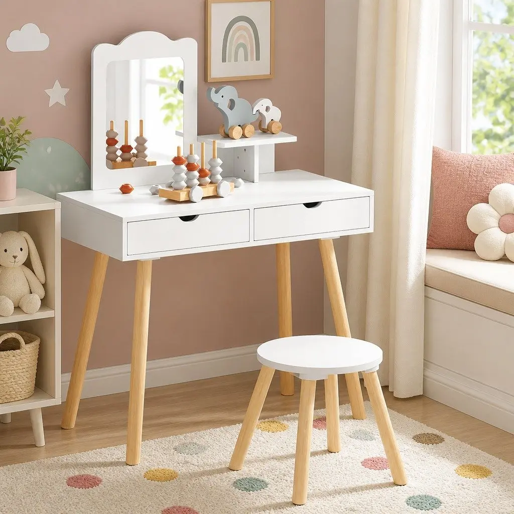 Kids Dressing Table Vanity Set with Chair and Mirror Wooden Legs White