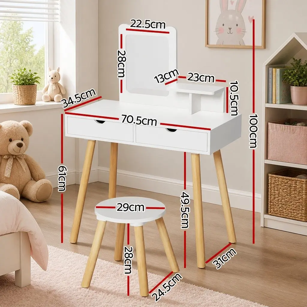 Kids Dressing Table Vanity Set with Chair and Mirror Wooden Legs White