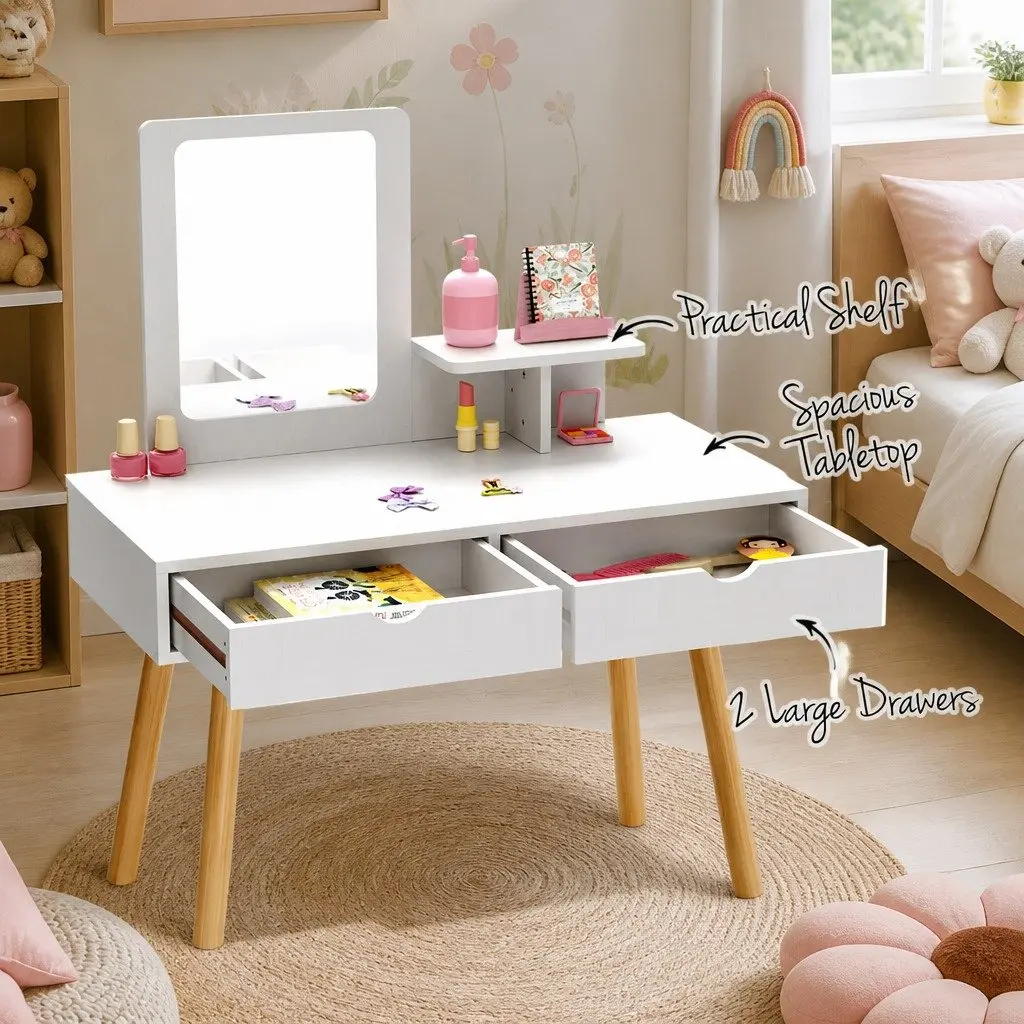 Kids Dressing Table Vanity Set with Chair and Mirror Wooden Legs White