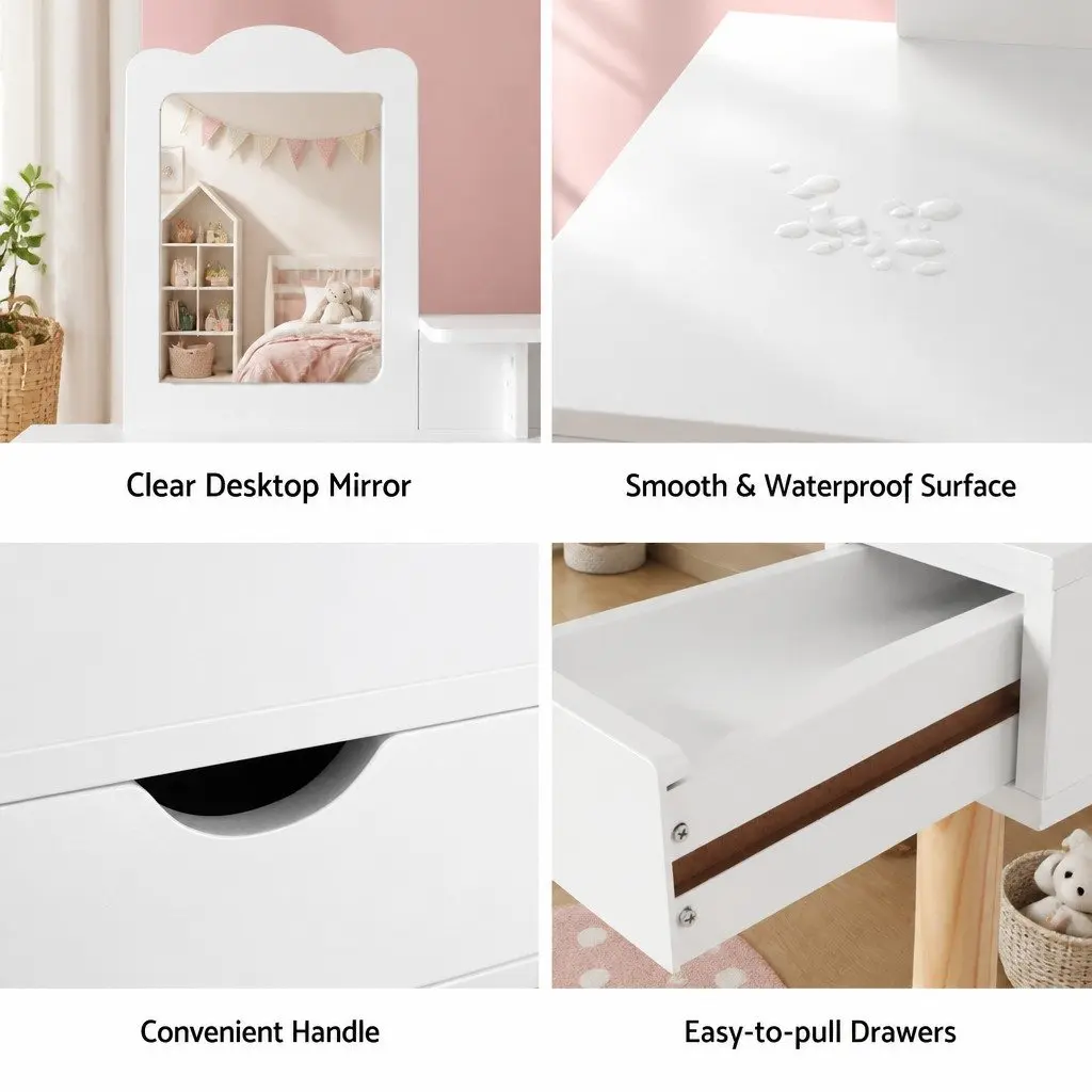 Kids Dressing Table Vanity Set with Chair and Mirror Wooden Legs White