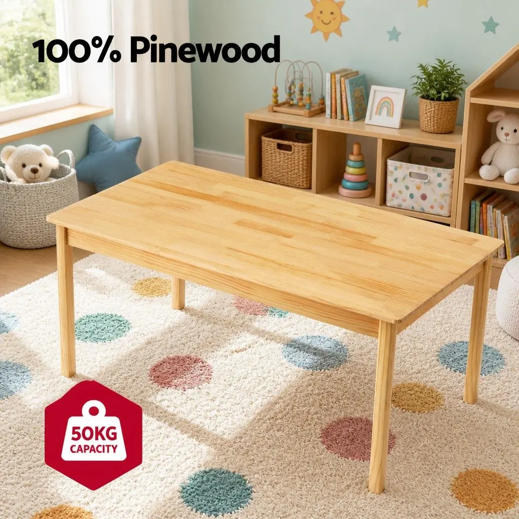 Kids Table and 2 Chairs Set Pinewood Furniture Natural Finish Safe Edges Sturdy Build