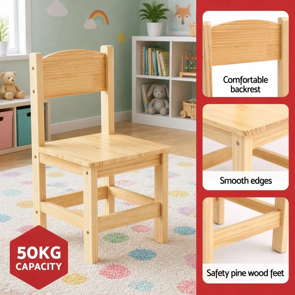 Kids Table and 2 Chairs Set Pinewood Furniture Natural Finish Safe Edges Sturdy Build