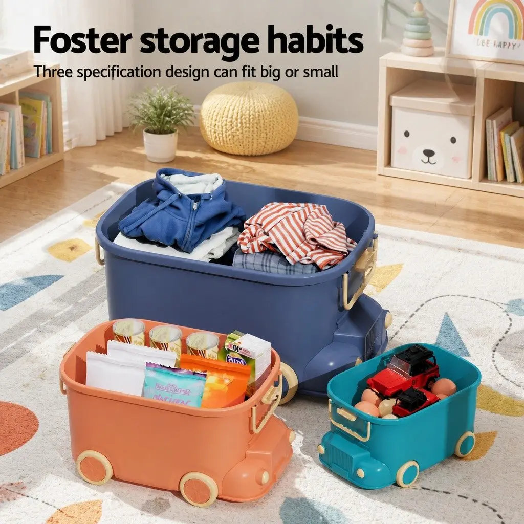 Toy Storage Box 3 Piece Car Shape Organiser Container with Mobile Wheels Building Block Inspired Lid