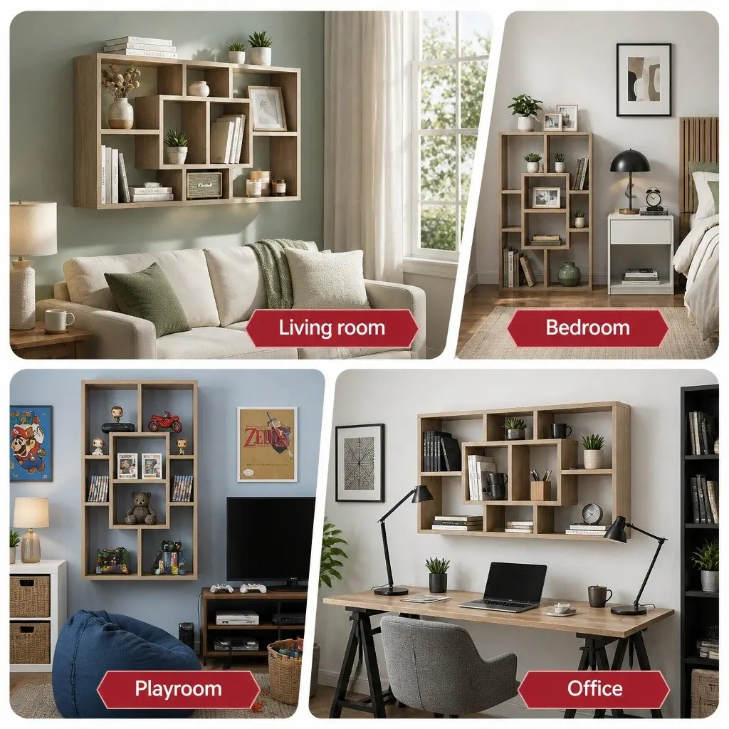 Floating Wall Shelf Display Unit 8 Compartment Bookcase Organiser Vertical