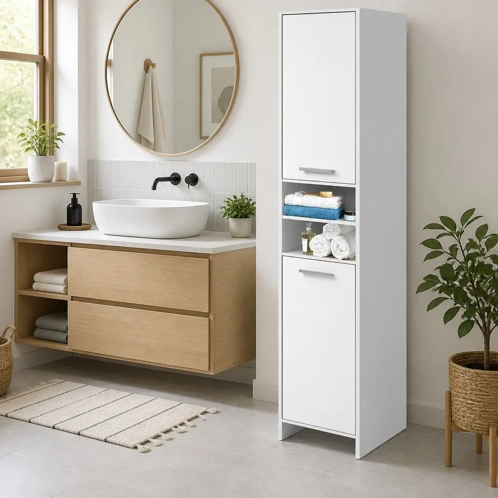 Tall Bathroom Cabinet 185cm White Slim Space Saving Storage Cupboard