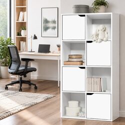 8 Cube Display Shelf White Storage Bookcase 4 Doors Open Shelves Modern Design