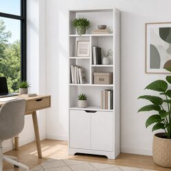 Stylish 8-Tier White Bookshelf with Hidden Storage