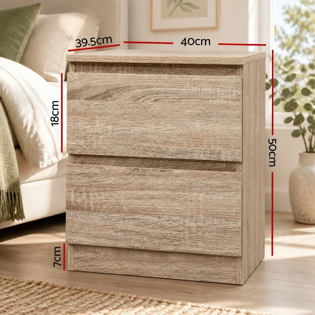 Bedside Table 2 Drawers Oak Wood Bedroom Storage Nightstand Modern Design