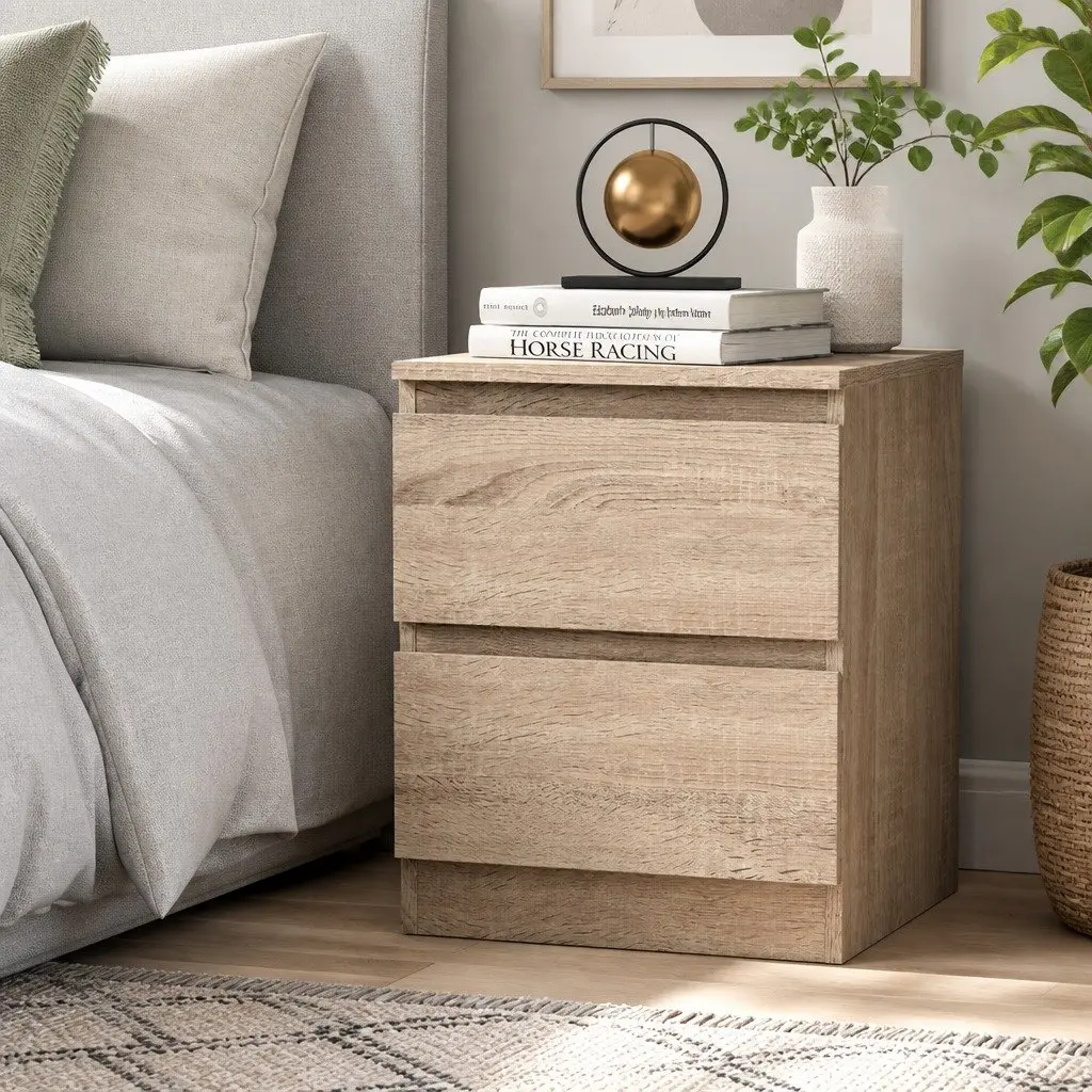Bedside Table 2 Drawers Light Wood Tone Bedroom Storage Furniture Anti-rust