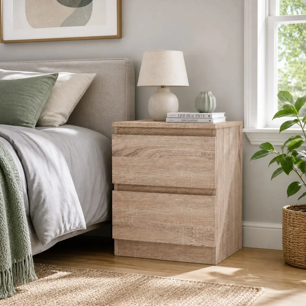 Bedside Table 2 Drawers Light Wood Tone Bedroom Storage Furniture Anti-rust