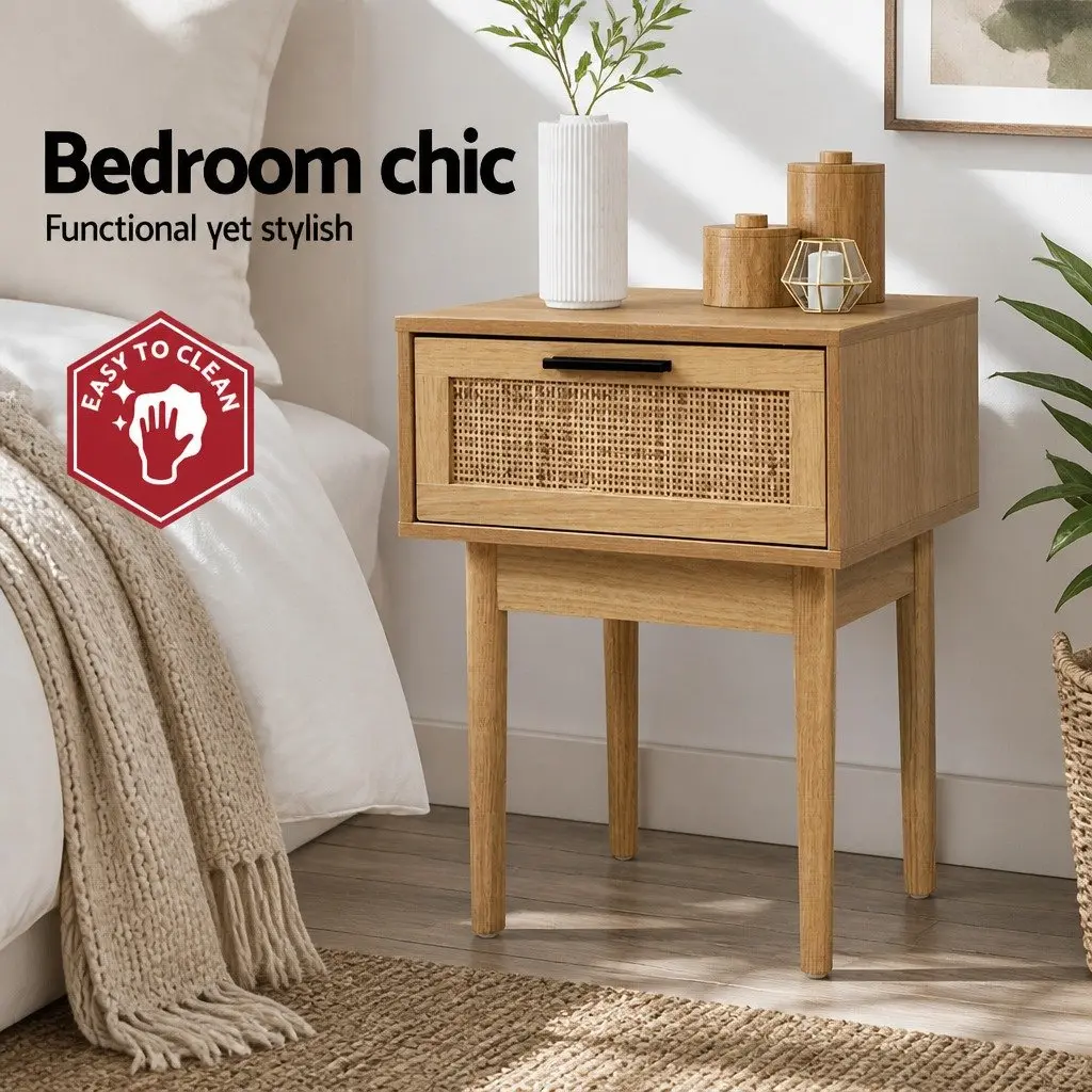 Bedside Table Side Table Rattan Drawer Nightstand Light Wood Tone Storage