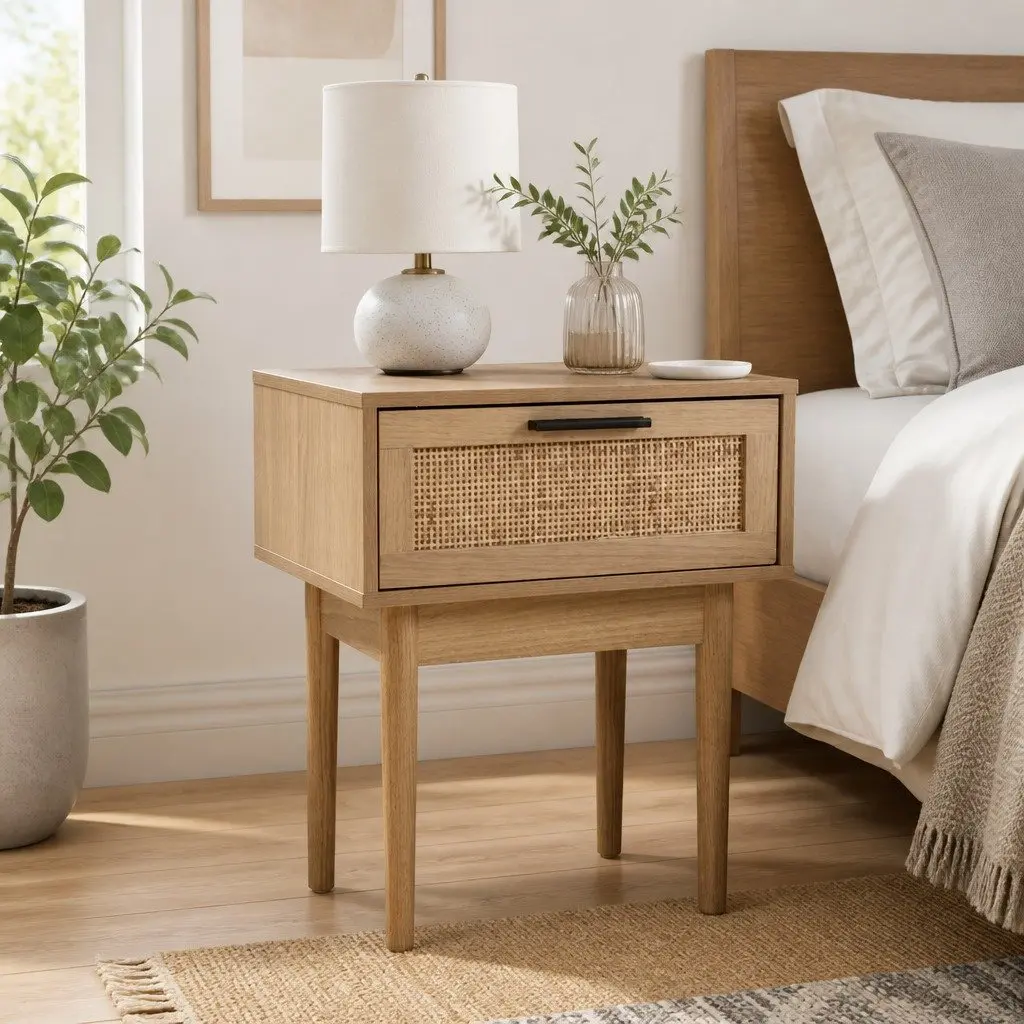 Bedside Table Side Table Rattan Drawer Nightstand Light Wood Tone Storage