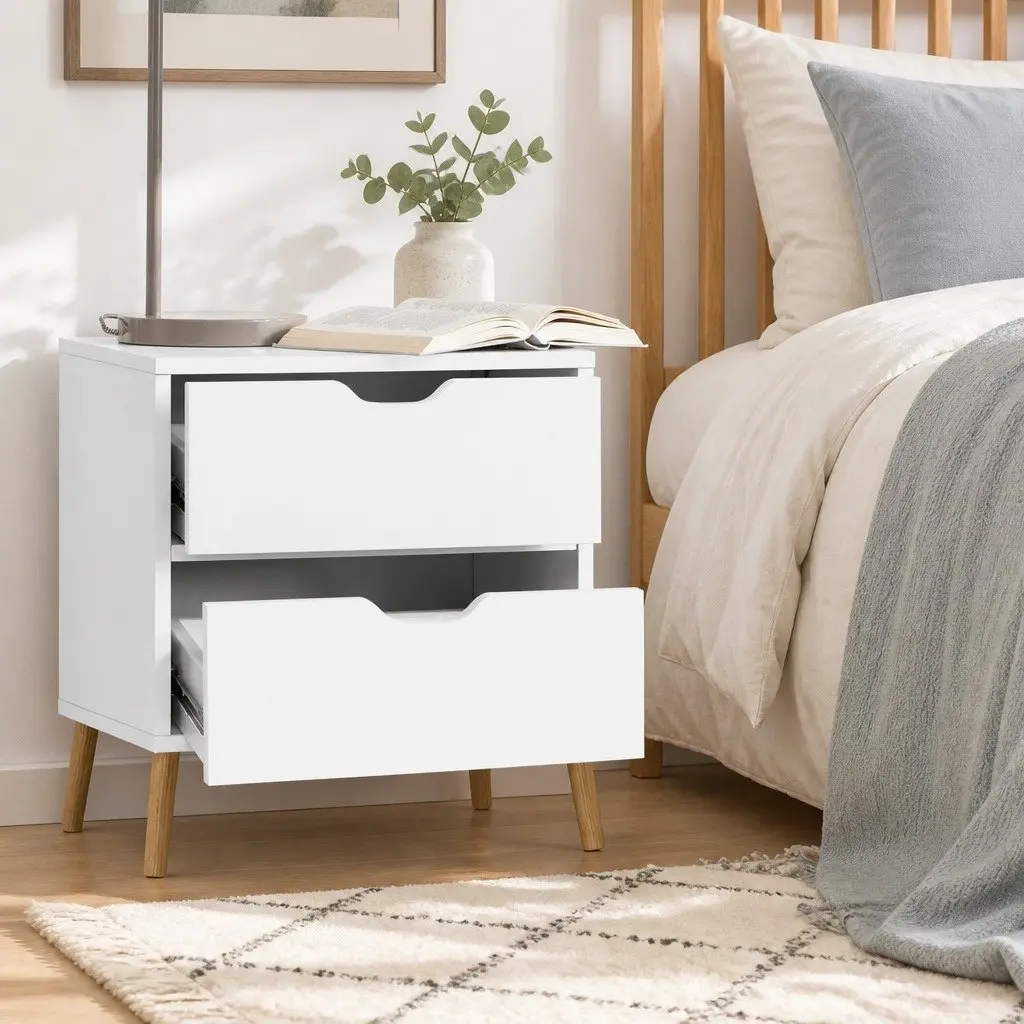 Bedside Table 2 Drawers White Modern Bedroom Storage Nightstand Splayed Legs