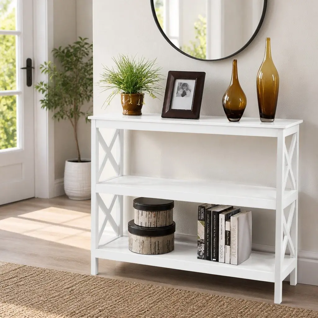 White 3-Tier Console Table Shelving Unit for Hallway and Living Room Display Storage