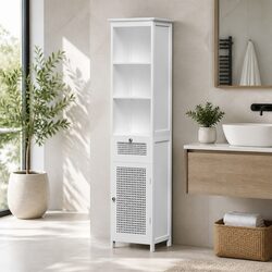 Bathroom Storage Cabinet 161cm White Rattan Tallboy Cupboard Toilet Organiser