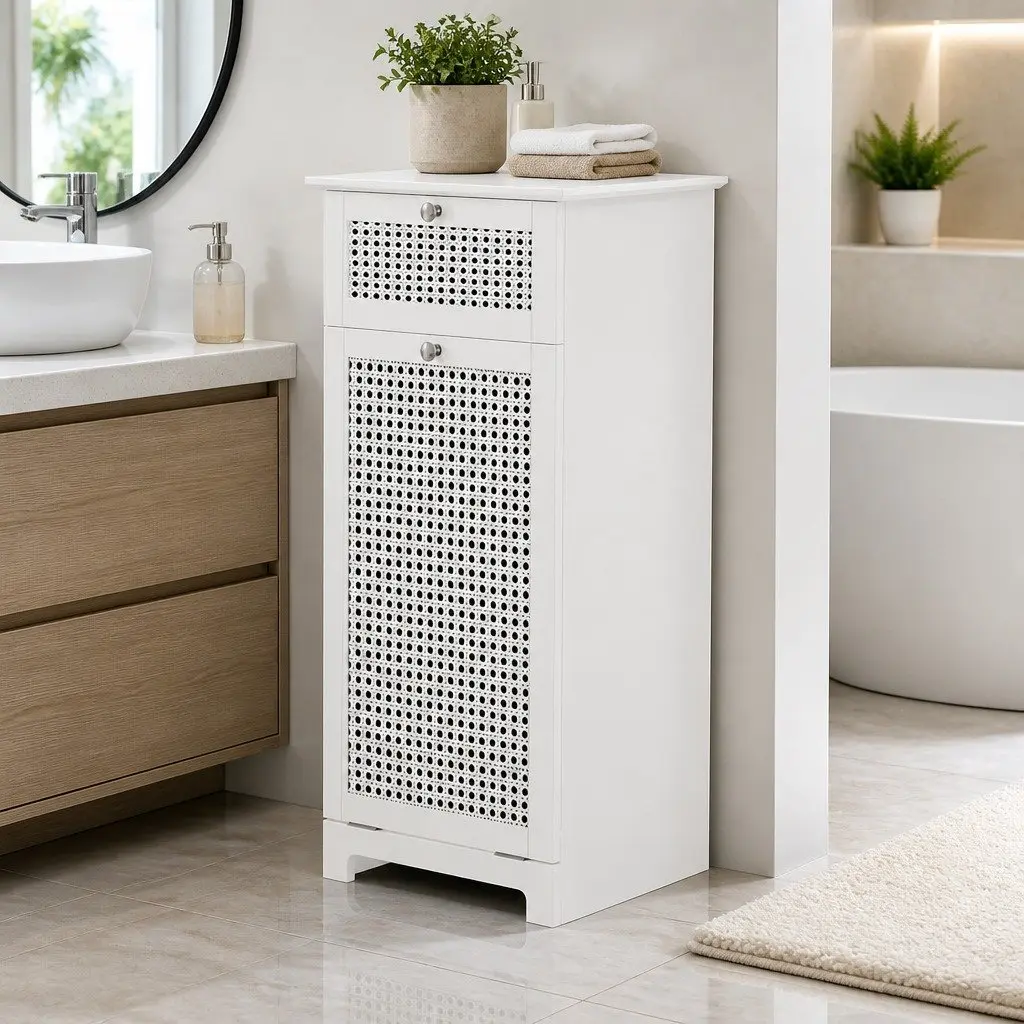 Laundry Hamper Cabinet White Tilt-Out Storage with Top Drawer and Removable Fabric Basket