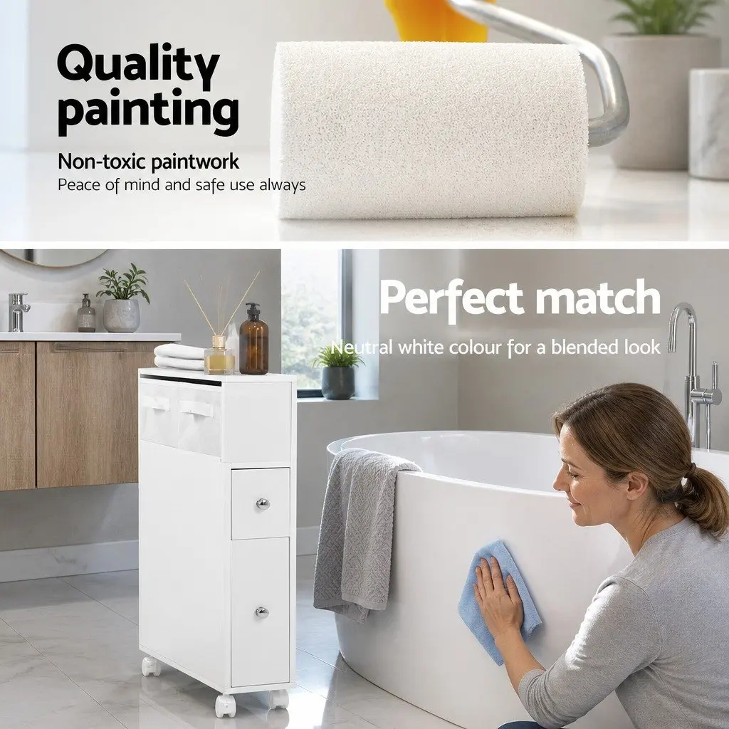 Bathroom Cabinet Storage Caddy with Drawers Non-Woven Basket Wheels White
