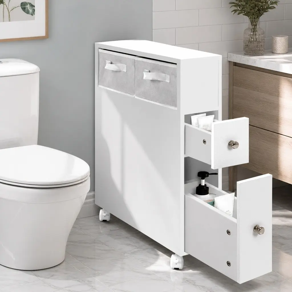 Bathroom Cabinet Storage Caddy with Drawers Non-Woven Basket Wheels White