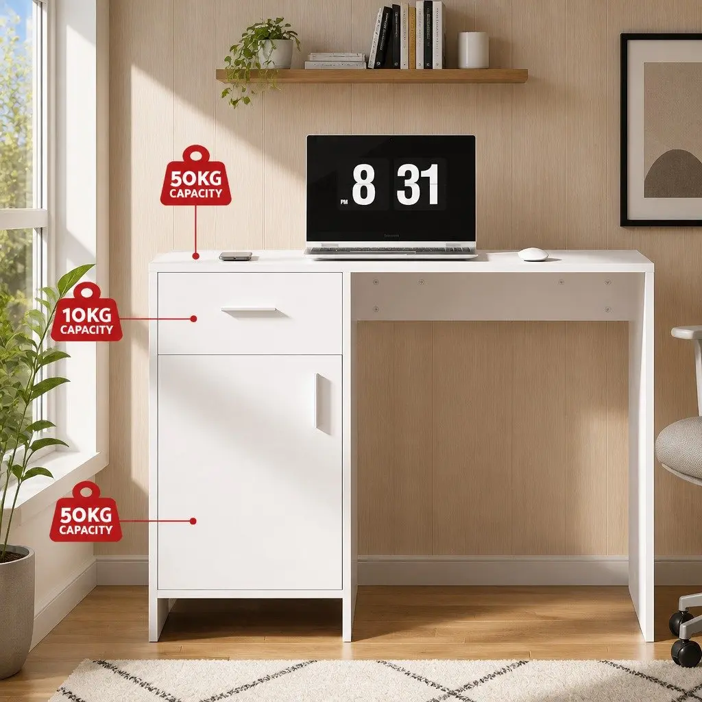 White Computer Desk with Storage Drawer Cabinet Office Desk 100CM