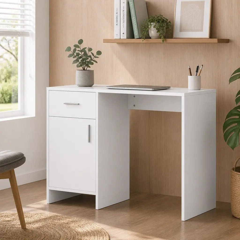 White Computer Desk with Storage Drawer Cabinet Office Desk 100CM