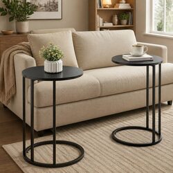 C Shaped End Table Set of 2 Side Table Sofa Accent Black Round Modern Living