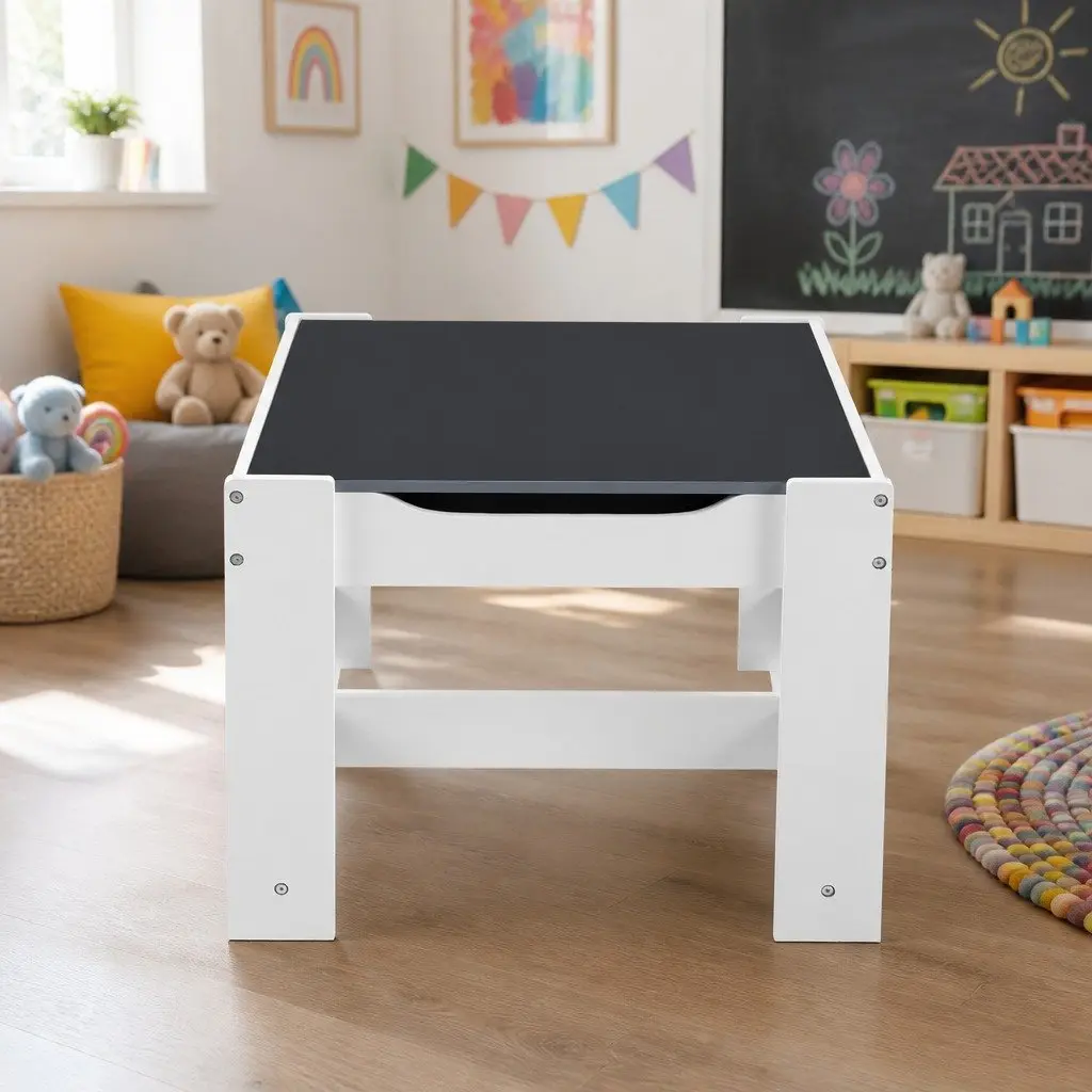 Kids Table and Chairs Set Grey Reversible Chalkboard Top Hidden Storage Compartments