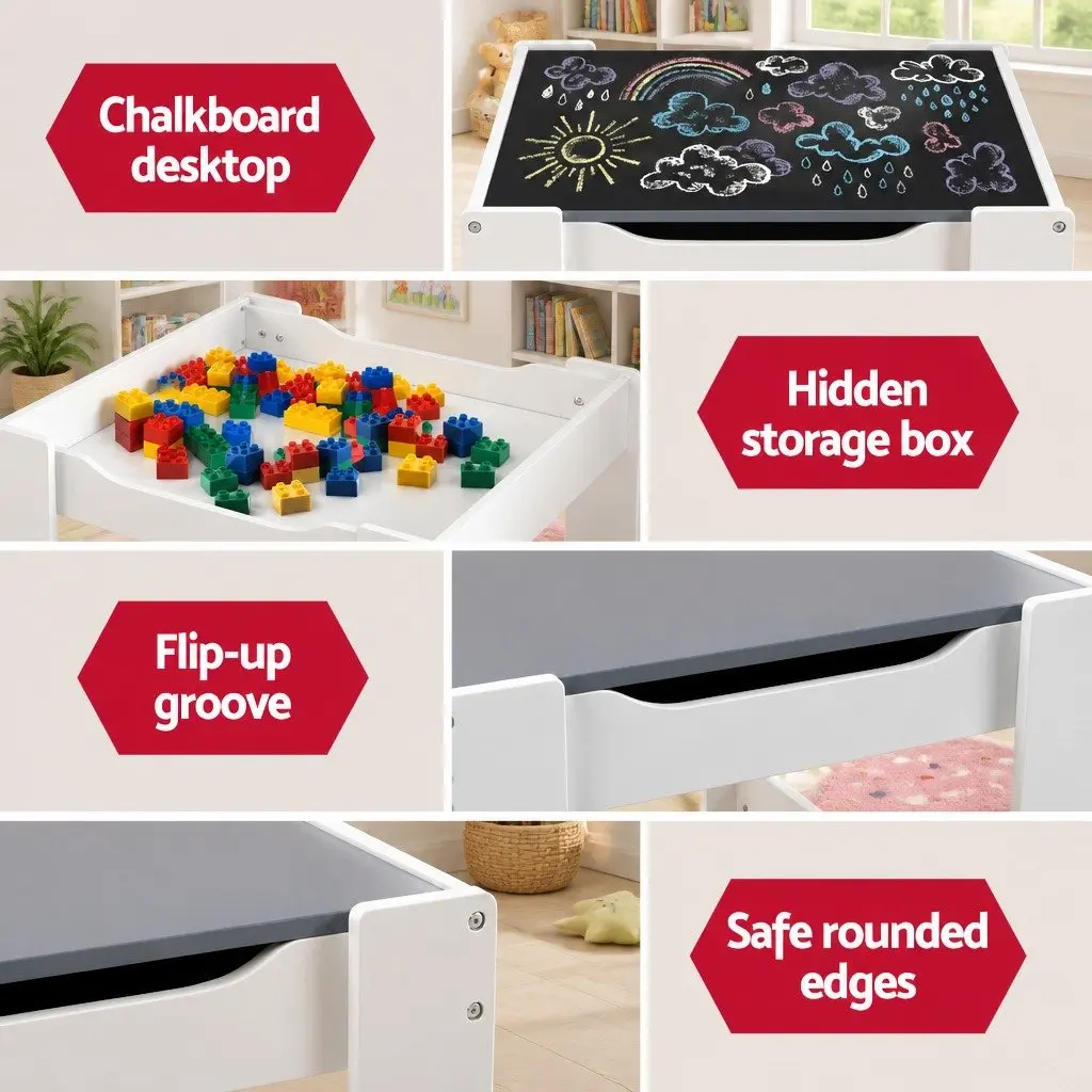 Kids Table and Chairs Set Grey Reversible Chalkboard Top Hidden Storage Compartments